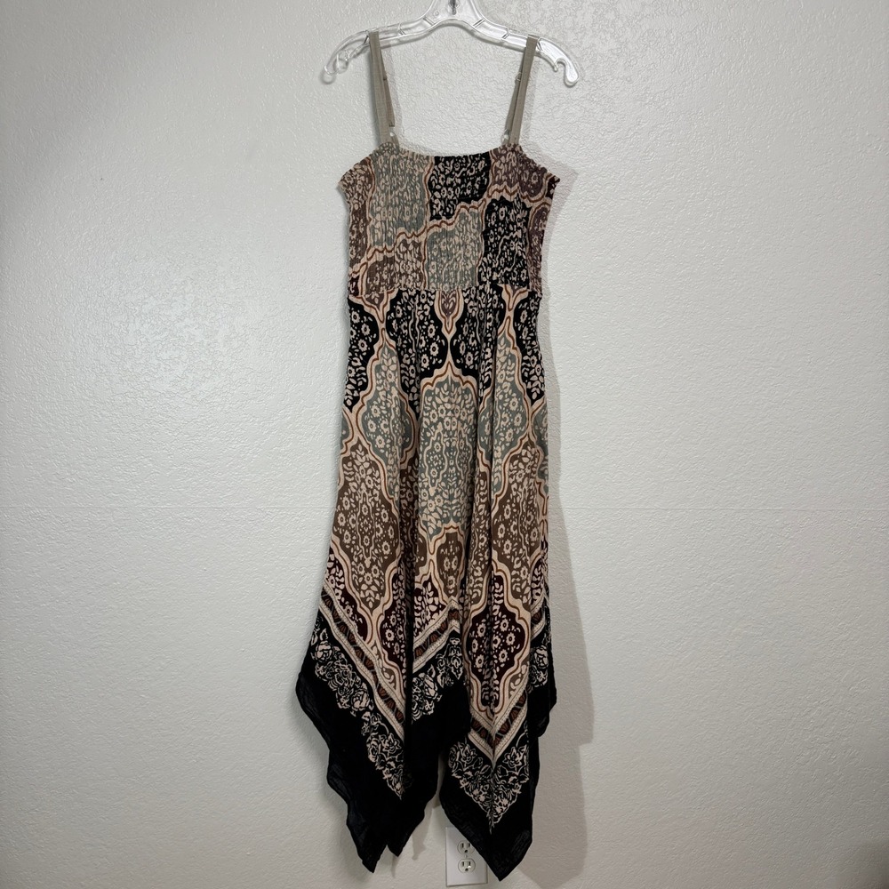 Soft Surroundings Dress Womens M Brown Floral Smocked Handkerchief Hem Maxi
